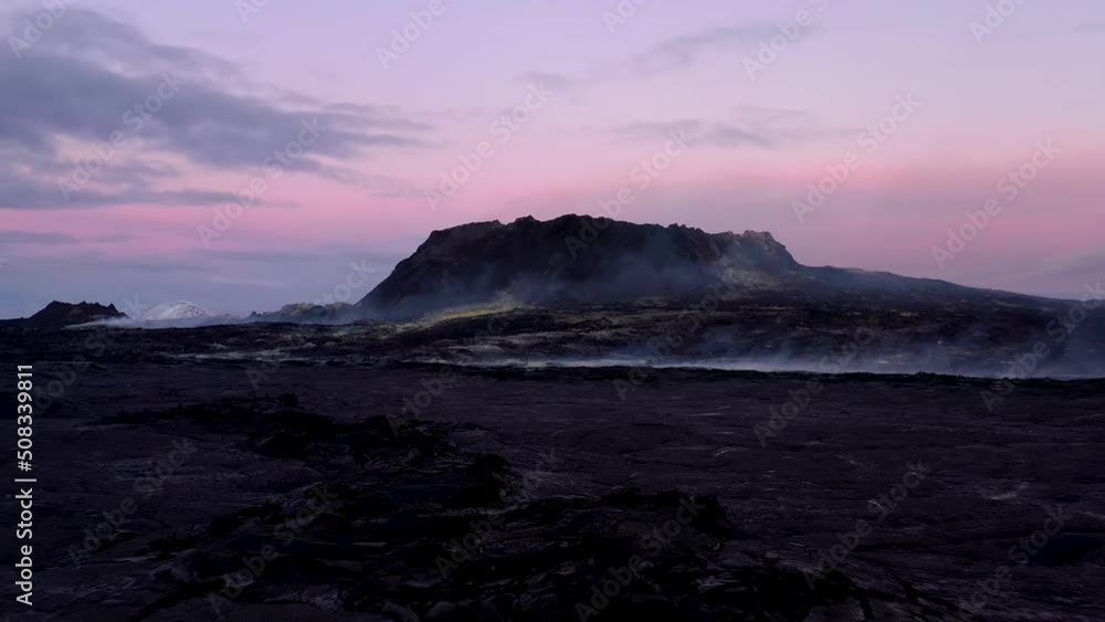 Dangerous Gas Emitted On The Ground's Surface Around An Active Volcano After An Outburst. Aerial Forward Shot Dangerous Gas Emitted On The Ground's Surface Around An Active Volcano After An Outburst. Aerial Forward Shot