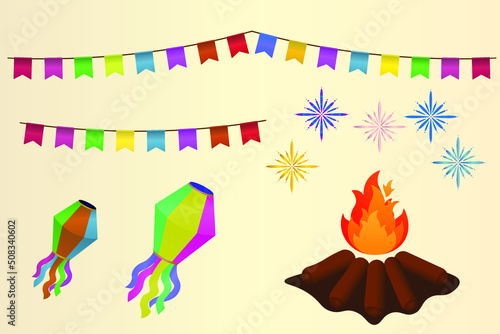 Set festa junina. Elements: balloon, pennants and rockets.
