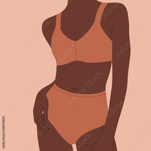 Illustration of woman in underwear. Body positive and self love, self care concept.
Stylish lingerie. Fashion accessories. Hand drawn vector illustration in trendy colors. Flat design