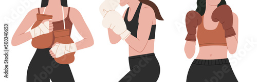 Set of illustrations with girls boxers in sportswear, with gloves. 
Training, boxing, wrestling, defense. Cool sport illustration in modern colors. Banner, poster etc.
Hand drawn vector illustration