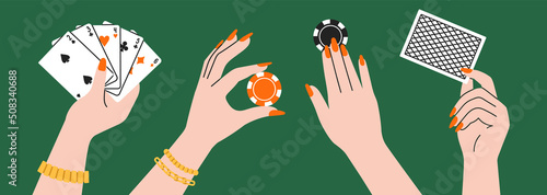 Poster with woman's hand holding.
Gambling, betting, casino and poker concept. Cool design.
Hand drawn vector illustration in trendy colors. Colorful flat design.
