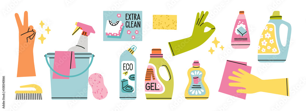 Εκτύπωση καμβά Set with household chemicals, cleaners, rubber gloves, sponges, bucket etc