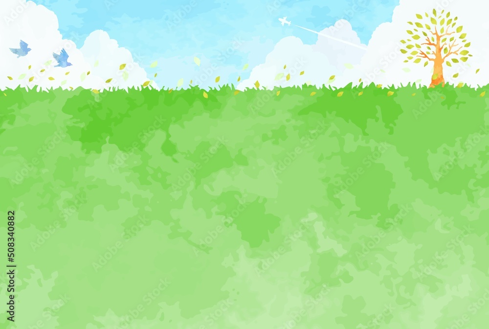草原と木と空の風景イラスト