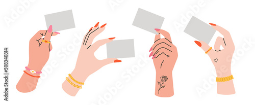 Set with women's hands holding a business card. Template with blank sheet of paper for your information. Cool colorful design. Hands with tattoos and jewelry. Hand drawn vector illustration