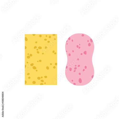 Two different sponges for dish soap. Dishwashing, house cleaning, hygiene in the kitchen. 
Household goods for housework routine.
Colorful vector illustration isolated on white background.