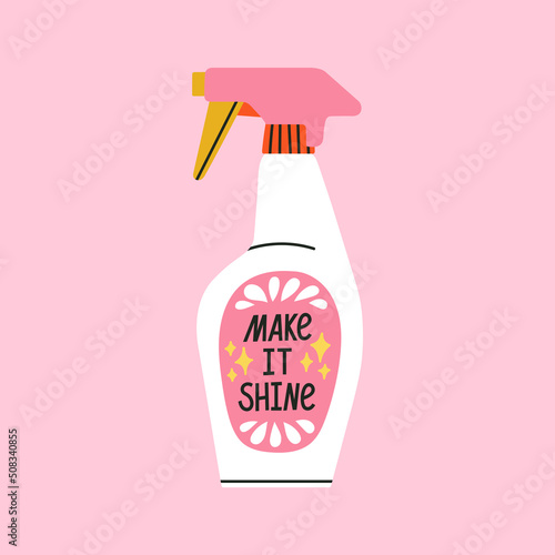 Plastic bottle with cleaner for mirrors and glass in spray. House cleaning. Household goods for housework routine.
Colorful vector illustration isolated on pink background.