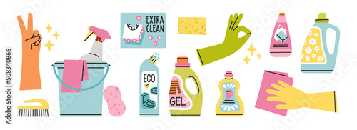 Set with household chemicals, cleaners, rubber gloves, sponges, bucket etc. For dishwashing, house cleaning and laundry.
Hand drawn vector illustration isolated on white background.