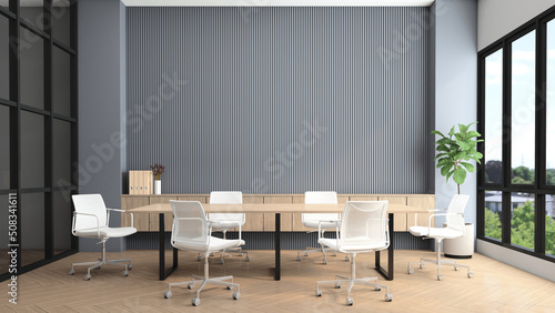 Modern meeting room with conference table and chairs, gray slat wall and built-in wooden cabinet. 3d rendering photo