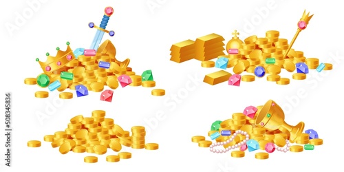 Set of golden treasures. Heaps of gold coins, ancient gems, rubies and sapphires, pirate cup and sword. Design for fantasy video game. Cartoon realistic vector collection isolated on white background