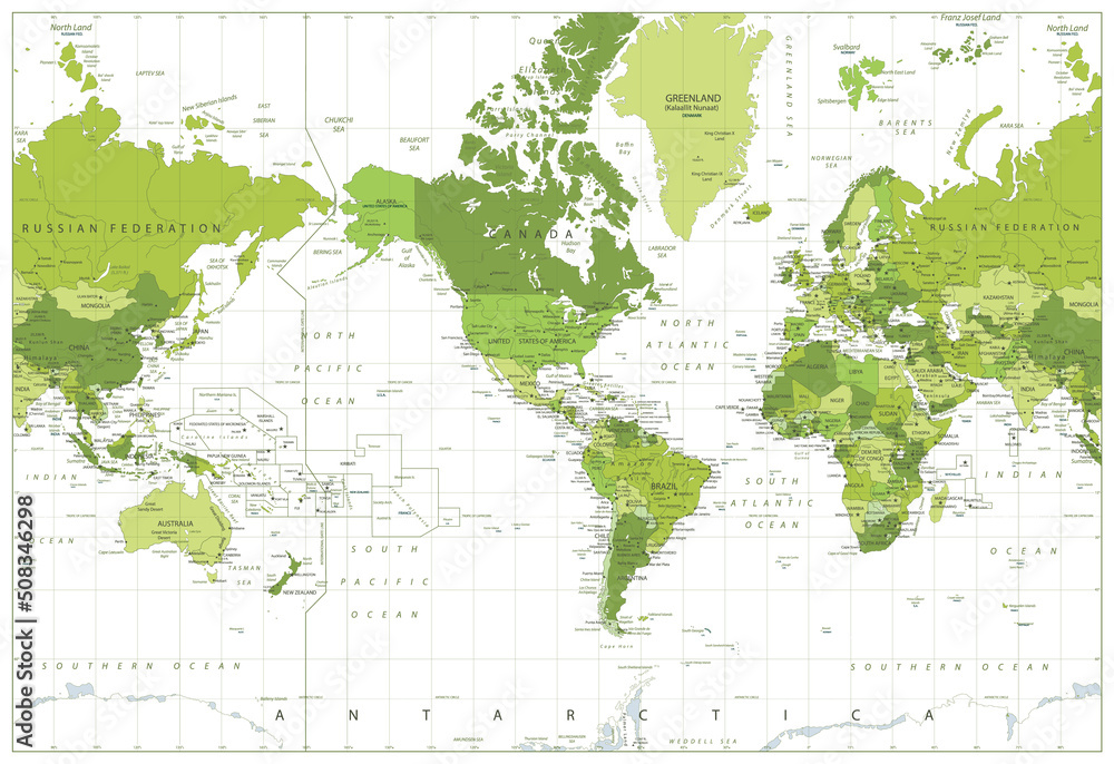World Map - Political - American View - America in Center - Green Colors