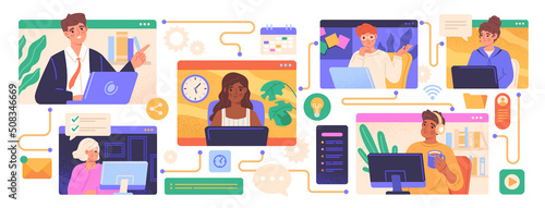 Team communication concept. Male and female employees communicating via video. Project management, workflow and job organization. Telecommuting. Remote meeting of colleagues. Flat vector illustration