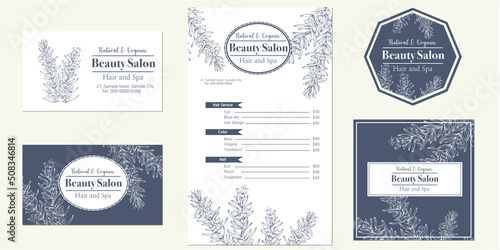 set of beauty salon template designs with hand drawn illustration of rosemary