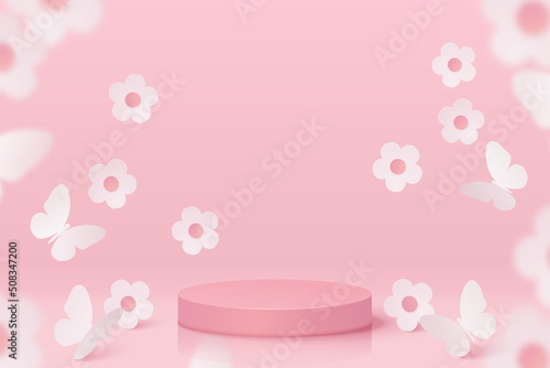 Vector 3d pink podium, pedestal, platform with white butterfly and floating flower background for product display, presentation, advertising. Blank product stand in pastel color.