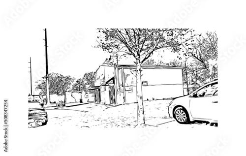 Building view with landmark of Montgomery is the city in Alabama. Hand drawn sketch illustration in vector.