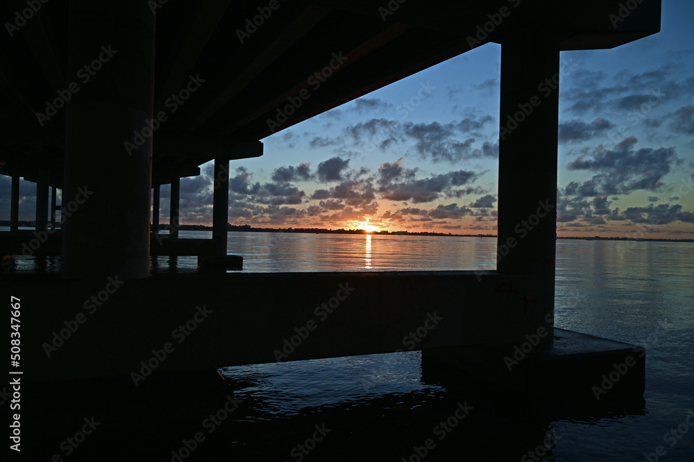 Rickenbacker Causeway bridge between Miami and Virginia Key, Florida at sunrise.