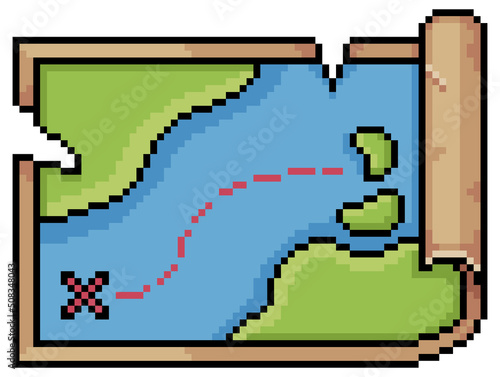 Pixel art treasure map vector icon for 8bit game on white background
