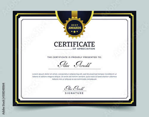 Dark and gold modern certificate of appreciation design. success  award  diploma and graduation template