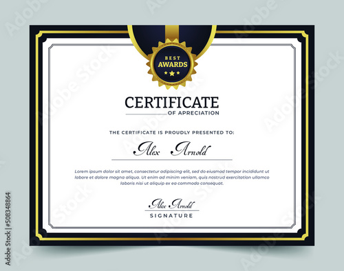 Dark and gold modern certificate of appreciation design. success, award, diploma and graduation template