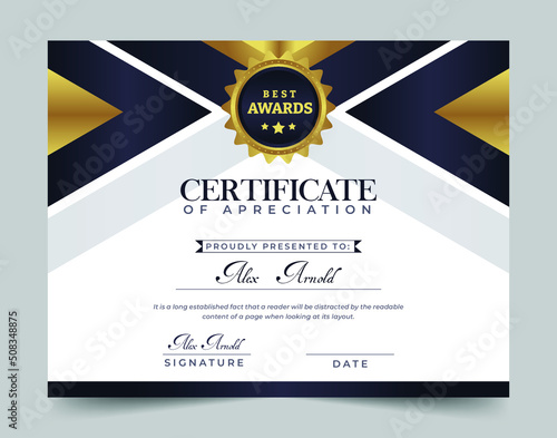 Dark and gold modern certificate of appreciation design. success, award, diploma and graduation template