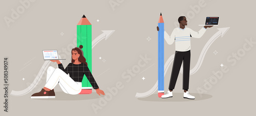 Concept of journalism, copywriting and education. Set of man and woman with pencils and laptops. Creative profession and skill development. Cartoon flat vector collection isolated on gray background