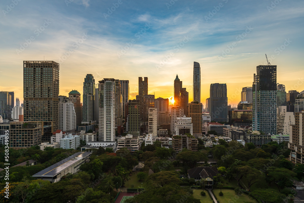 buildings cityscape near Witthayu road with sunset in Bangkok city, Thailand