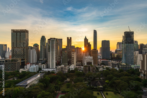 buildings cityscape near Witthayu road with sunset in Bangkok city, Thailand © geargodz