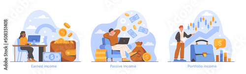 Commerce activity and financial growth set. Active income, passive profit, or investing. Successful business or increase in earnings. Cartoon flat vector collection isolated on white background