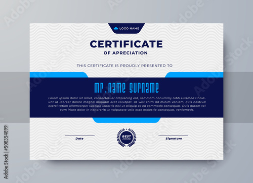 Certificate award diploma template in blue color, corporate certificate design.