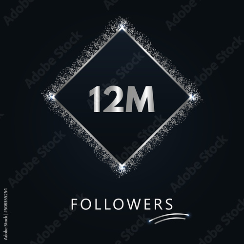 12M with silver glitter isolated on a navy-blue background. Greeting card template for social networks likes, subscribers, celebrating, friends, and followers. 12 million followers
