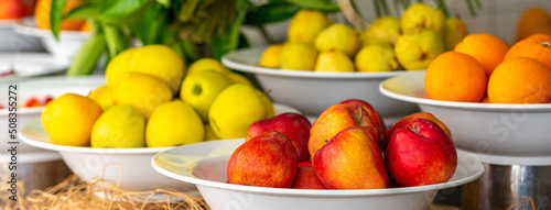 Assortment of different kind of fresh apples on the table in buffet line with fruits