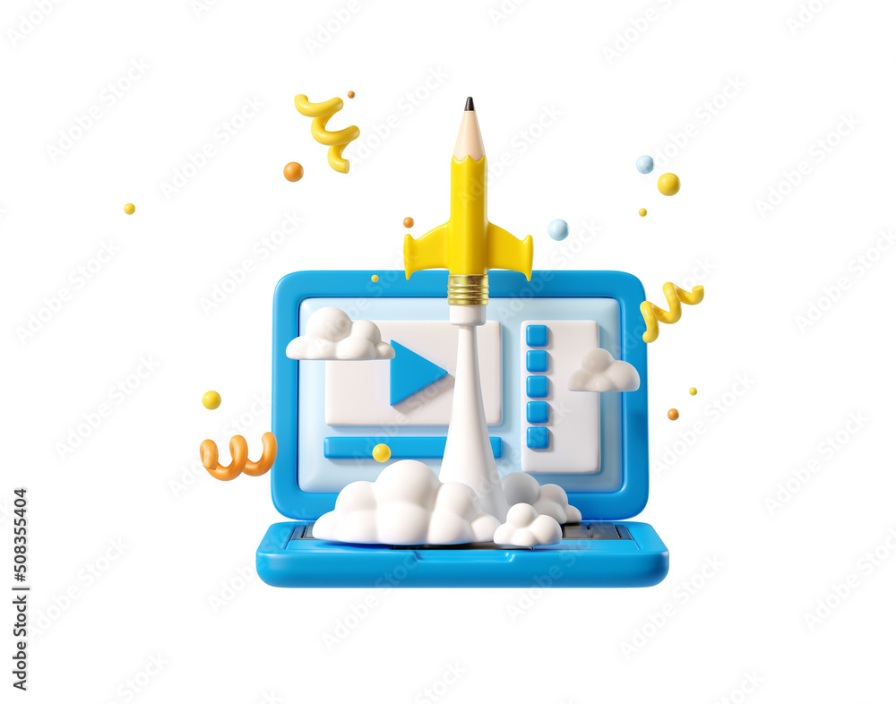 Minimal background for online education concept. Launching pencil rocket and notebook on white background. 3d rendering illustration. Clipping path of each element included. Minimal background for online education concept. Launching pencil rocket and notebook on white background. 3d rendering illustration. Clipping path of each element included.