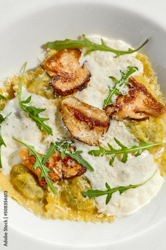 Mushroom ravioli and cheese sauce isolated on white background. Italian dish - ravioli with porcini and creamy espuma on white plate. Restaurant dishes with wild mushroom. Mushroom ravioli and cheese sauce isolated on white background. Italian dish - ravioli with porcini and creamy espuma on white plate. Restaurant dishes with wild mushroom.