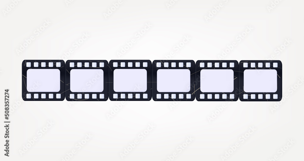 3d film strip. Old scratched filmstrip, a piece of film from a roll. Photo negative icon. The concept of clip recording, video editing, old movie frame, border or frame with place for pictures. Vector