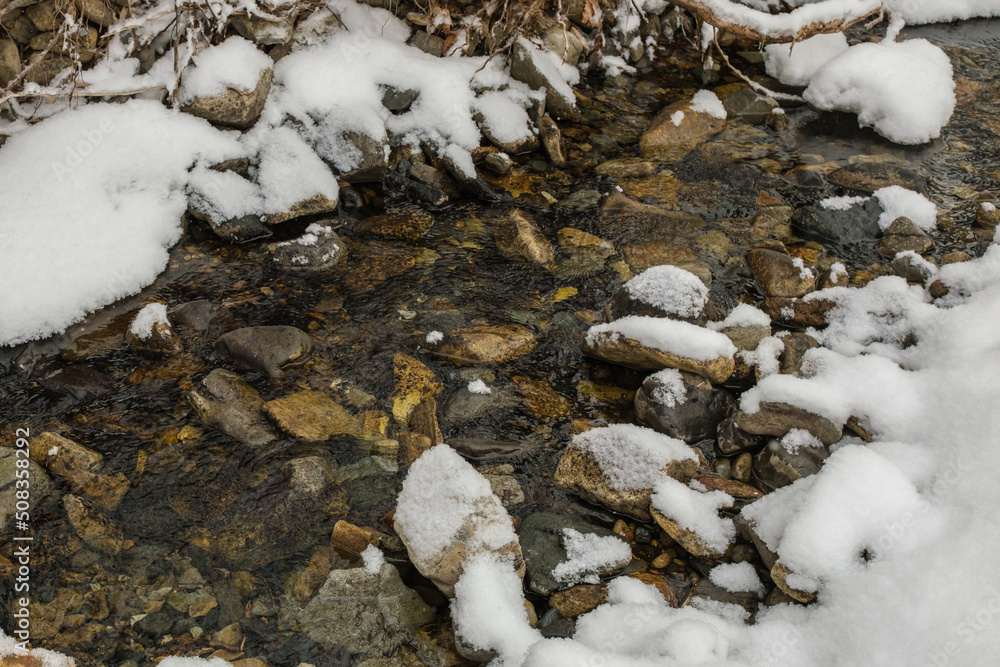 A stream in the snow in winter. A stream in the snow in winter.