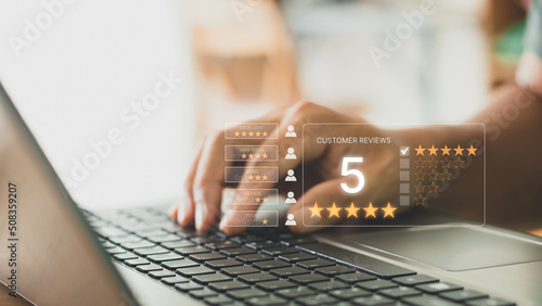 Customer review satisfaction feedback survey concept, User give good rating by five star to service experience on online application, Customer service evaluation to reputation ranking of business.