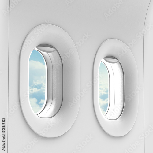 Airplane windows. Realistic aircraft indoor portholes. 3d illustration