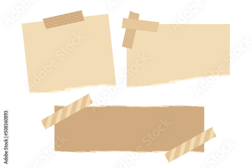 Set of torn kraft paper with decoration tapes. Flat vector illustration.