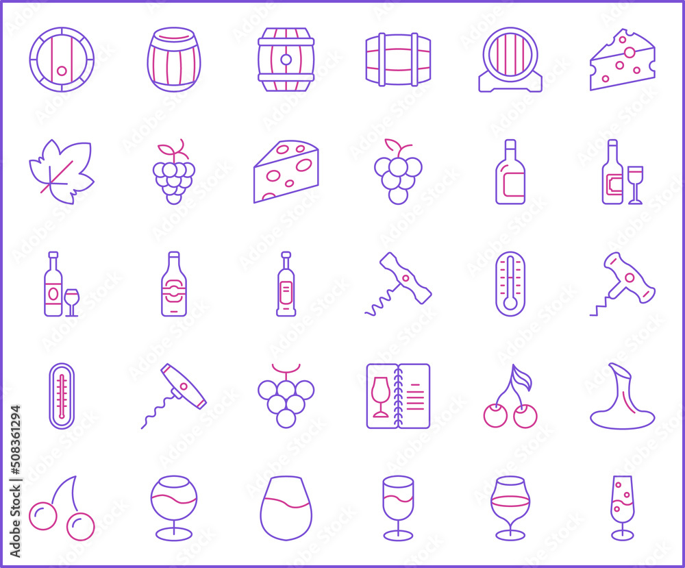 Simple Set of wine Related Vector Line Icons. Contains such Icons as drink, glass, alcohol, bottle, grape, leaf, barrel, vineyard linear symbols and more. Simple Set of wine Related Vector Line Icons. Contains such Icons as drink, glass, alcohol, bottle, grape, leaf, barrel, vineyard linear symbols and more.
