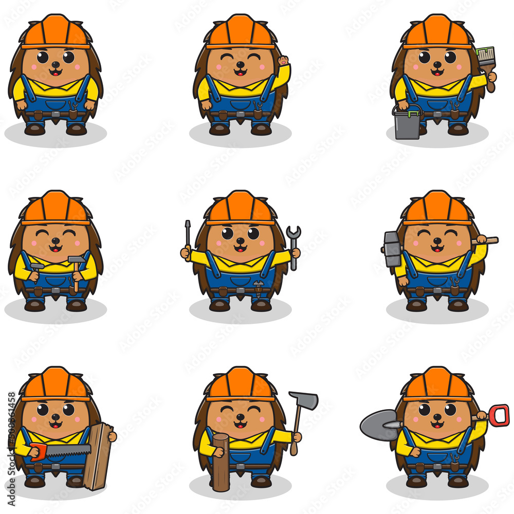 Vector Illustration of Cute Hedgehog with Handyman costume. Set of cute little Hedgehog characters. Collection of funny Hedgehog isolated on a white background. Vector Illustration of Cute Hedgehog with Handyman costume. Set of cute little Hedgehog characters. Collection of funny Hedgehog isolated on a white background.