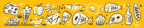 Vector collection of products, fruits and vegetables. Scandinavian style of hand-drawn food products.