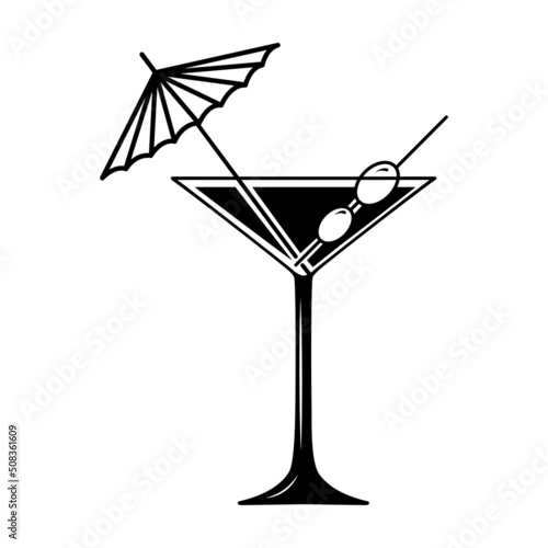 Martini cocktail with umbrella and olive in classic glass. Black and white vector icon isolated on white background. Glyph is symbol of an alcoholic beverage