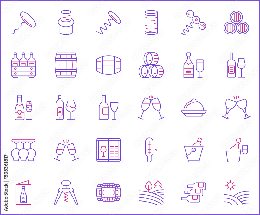 Simple Set of wine Related Vector Line Icons. Contains such Icons as drink, glass, alcohol, bottle, grape, leaf, barrel, vineyard linear symbols and more. Simple Set of wine Related Vector Line Icons. Contains such Icons as drink, glass, alcohol, bottle, grape, leaf, barrel, vineyard linear symbols and more.