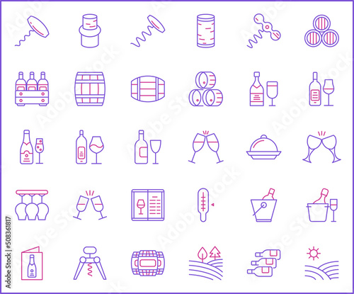 Simple Set of wine Related Vector Line Icons. Contains such Icons as drink, glass, alcohol, bottle, grape, leaf, barrel, vineyard linear symbols and more.