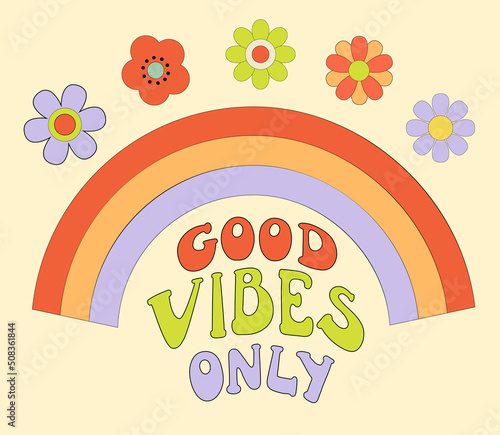Groovy poster 70s with rainbow and flowers daisy. Retro print with hippie elements. Cartoon vector illustration with lettering Good vibes only