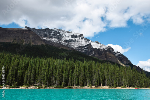View of mountain and turquoise blue Moraine Lake