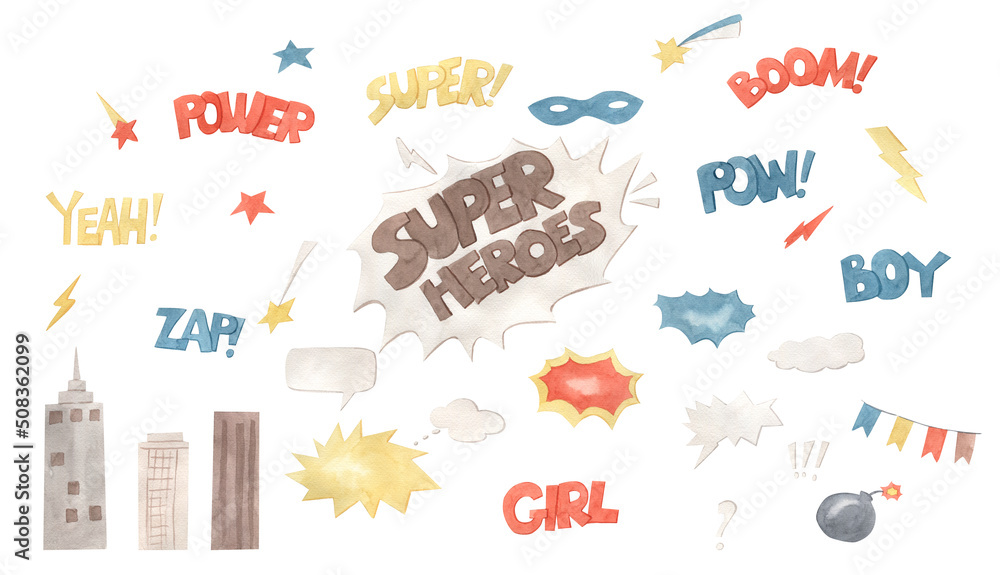 Obraz premium Watercolor super heroes elements illustration for kids