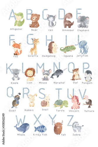 Fototapeta Naklejka Na Ścianę i Meble -  ABC alphabet with animals for boys. Watercolor illustration for kids