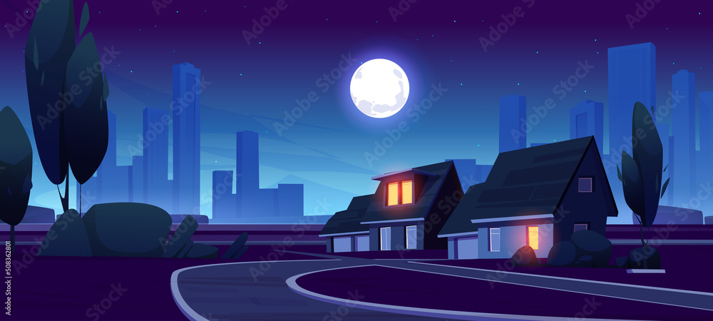 Night suburb district with houses, road and city buildings on skyline in dusk. Vector cartoon illustration of landscape of suburban street with cottages, trees, bushes and full moon - obrazy, fototapety, plakaty 