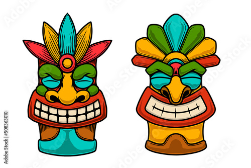 Set of illustration of tiki idol. Design element for poster, card, banner, emblem, sign. Vector illustration