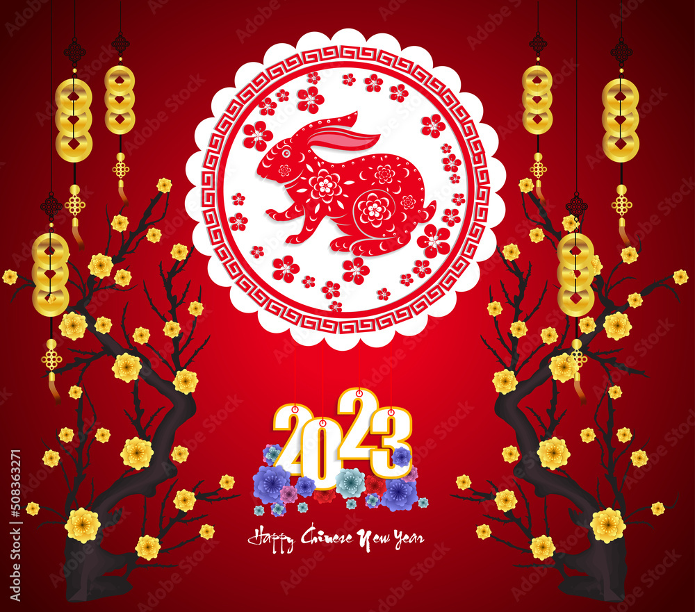 Naklejka premium Happy new year 2023, Chinese new year, Year of the Rabbit, Zodiac sign for greetings card, (Translation : Happy new year)